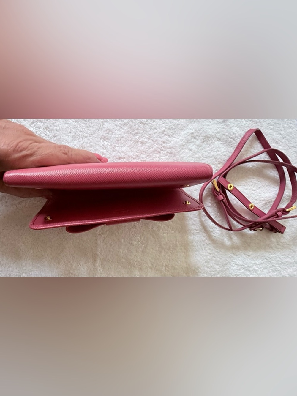 Prada Rose Pink Saffiano Bow Crossbody Wallet / Crossbody - Picture 12 of 16